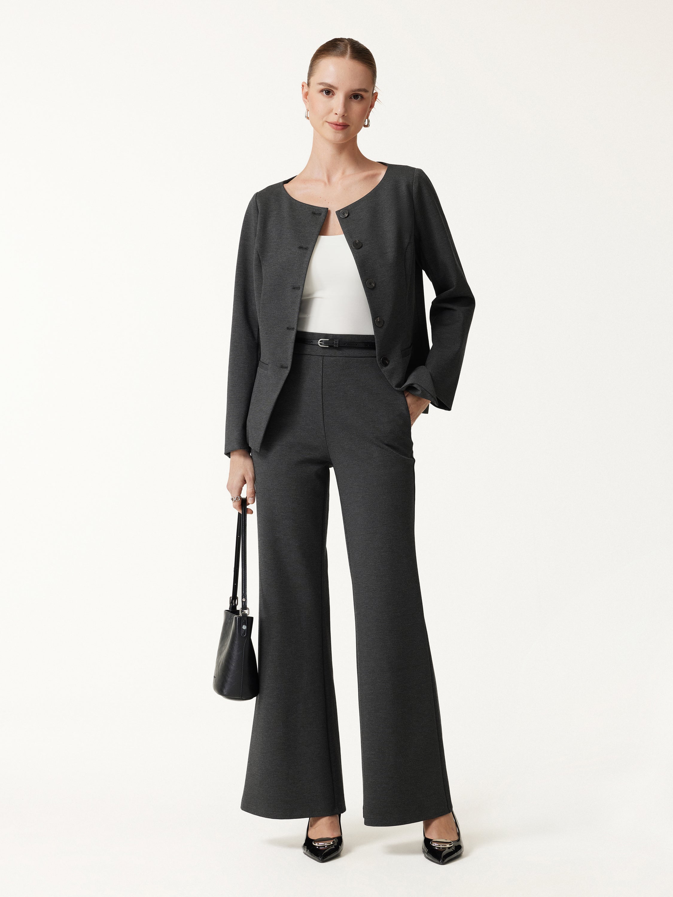 2Pcs Set Neck Long Sleeve Jacket with Pockets & Mid-Rise Wide-Leg Pants with Pockets