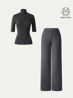2Pcs Set Elbow Length Sleeve Bra Top & High-Rise Wide Leg Pants