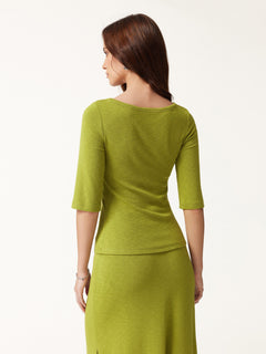 2Pcs Set Round Neck Elbow Sleeve Bra Top & Side-Slit A-Line Midi Skirt
