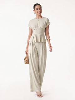 2Pcs Set Round Neck Short Sleeve Tee & Wide Leg Pants with Pockets