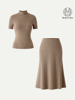 2Pcs Set Mockneck Short Sleeve Bra Top & Pull-On Midi Skirt