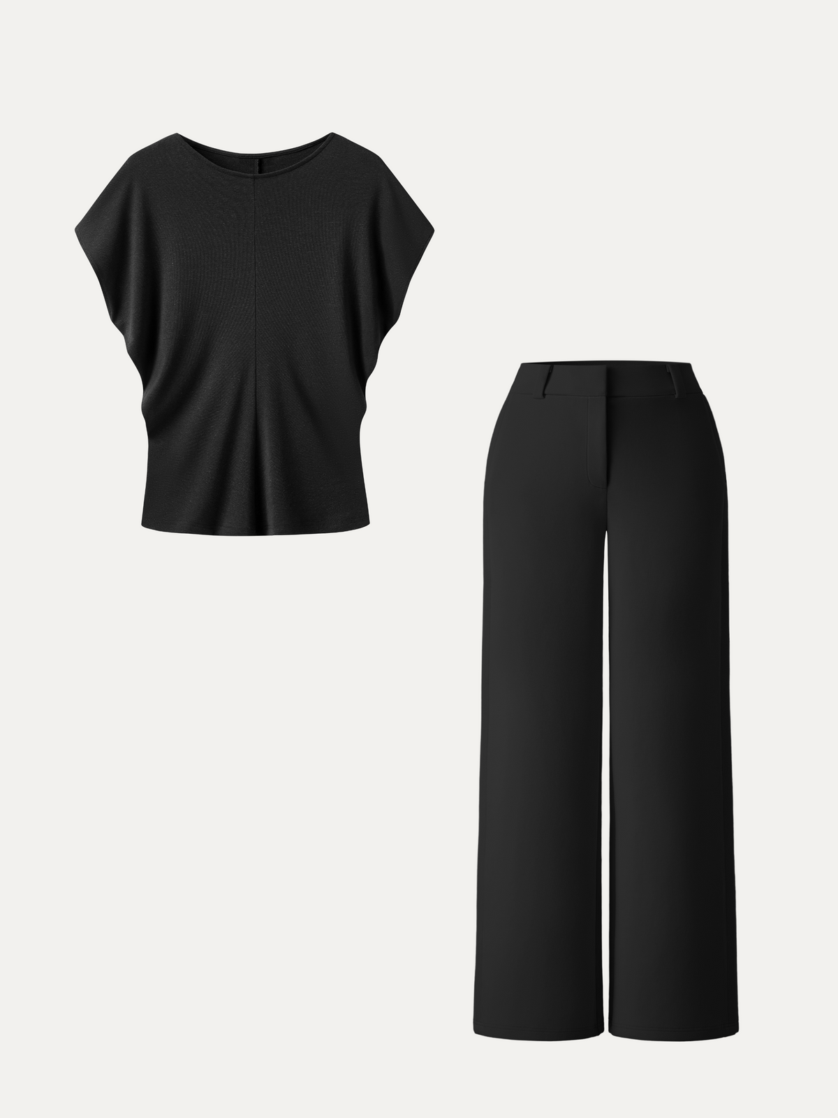 2Pcs Set Round Neck Relaxed Top & Mid Rise Fly-Front Wide Leg Trousers