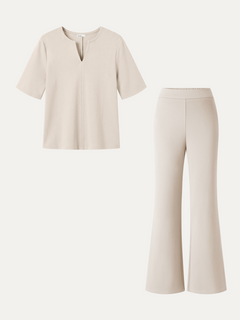 2Pcs Set V-Neck Short Sleeve Top & High-Rise Wide-Leg Pants with Pockets