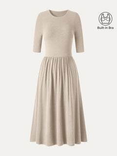 Eco-Mousse® Round Neck Elbow Sleeve Fit-and-Flare Midi Bra Dress with Pockets