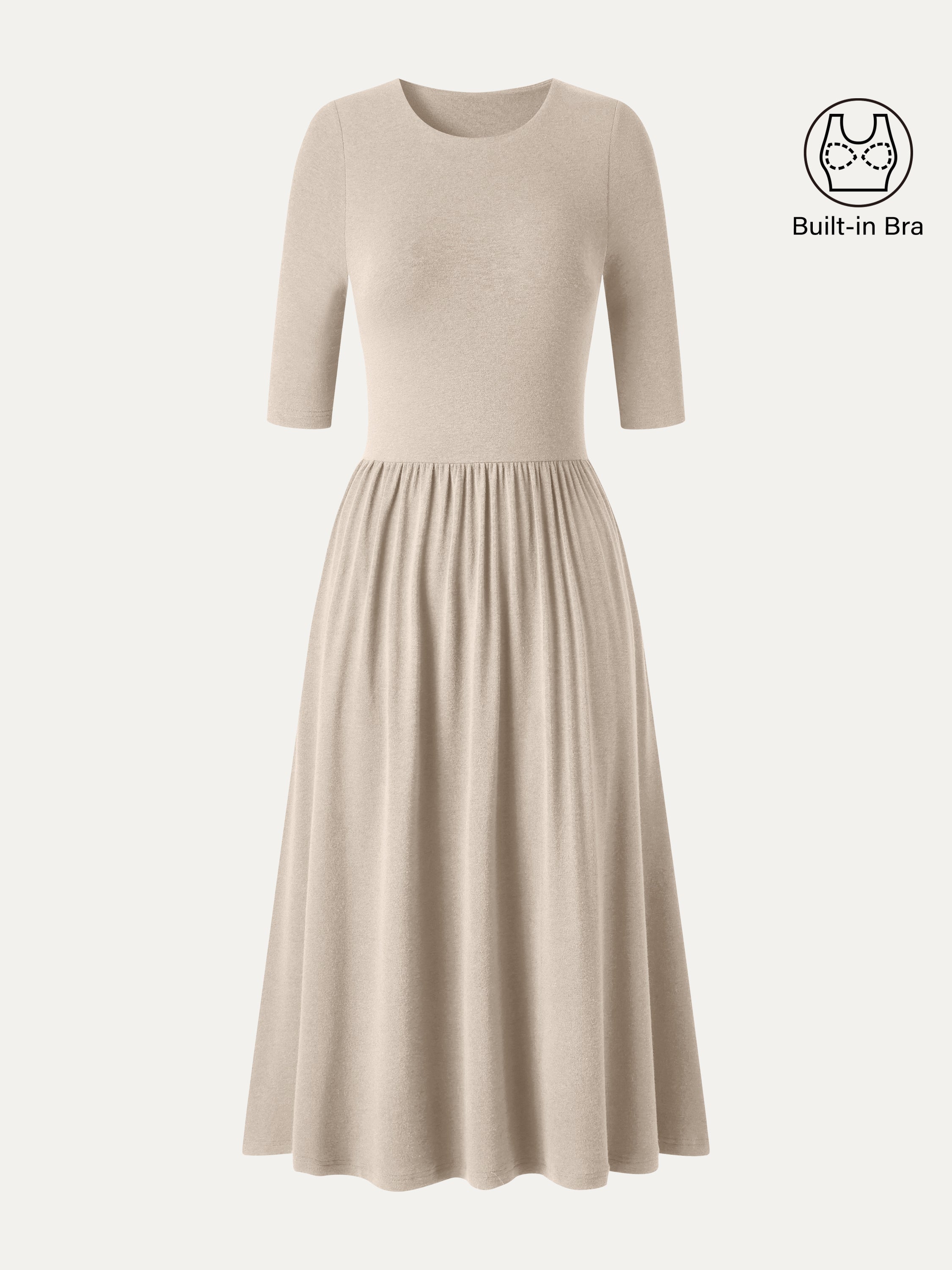 Eco-Mousse® Round Neck Elbow Sleeve Fit-and-Flare Midi Bra Dress with Pockets