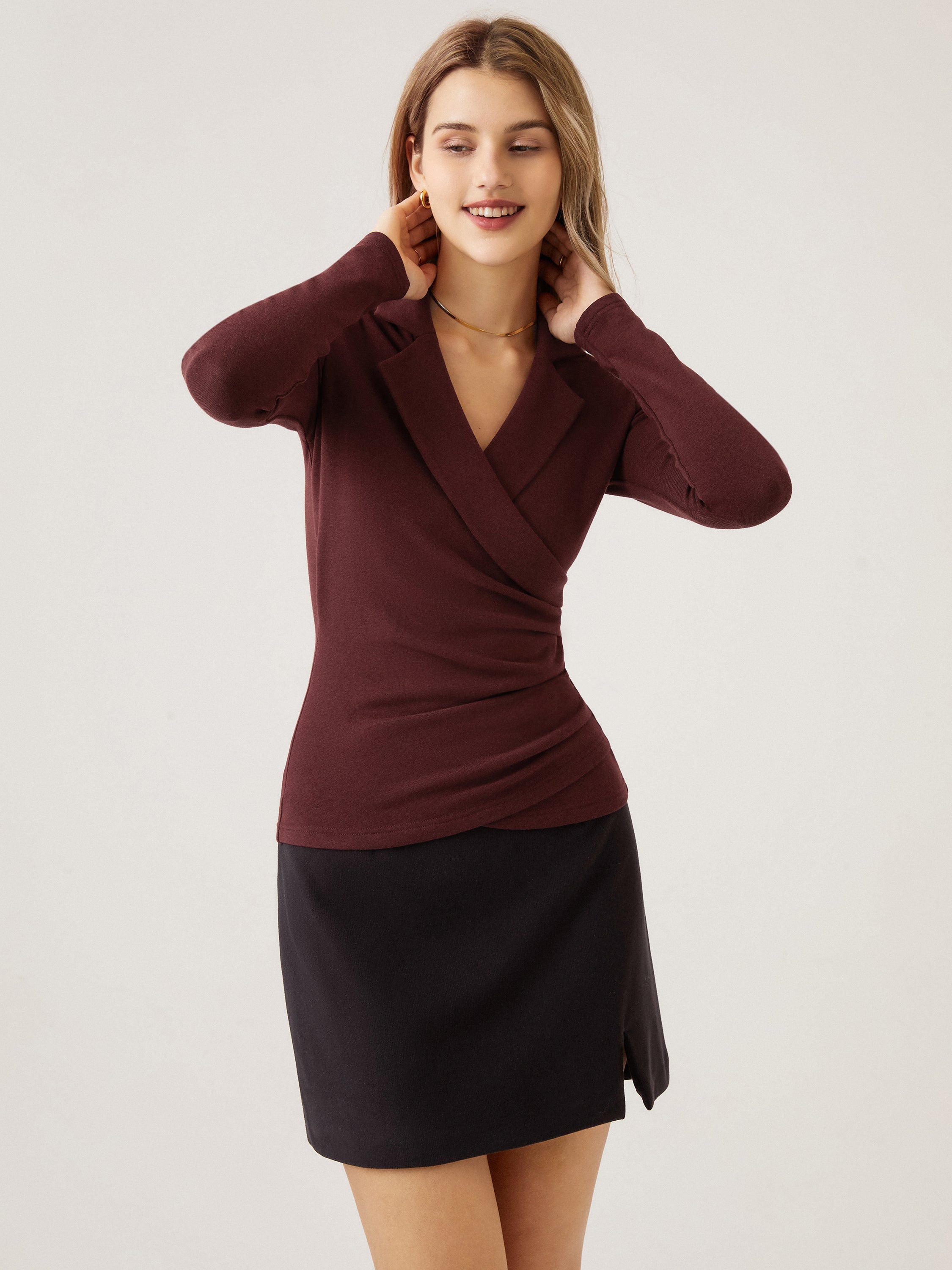 2Pcs Set Collared Surplice Top & High Waisted Straight Leg Pull On Pant