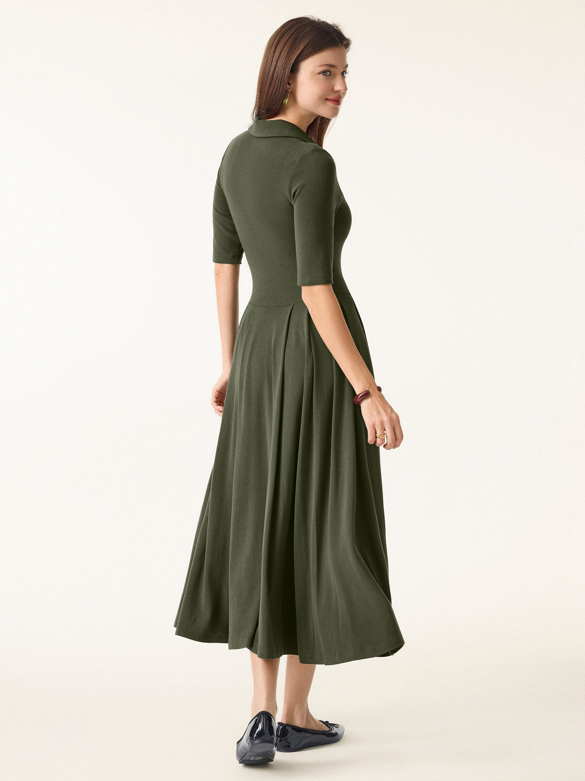 Polo Neck Elbow Length Sleeve Midi Bra Dress with Pockets