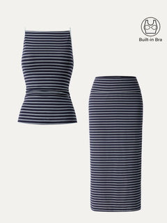 2Pcs Set Striped Spaghetti Bra Top & Low Rise Striped Midi Skirt
