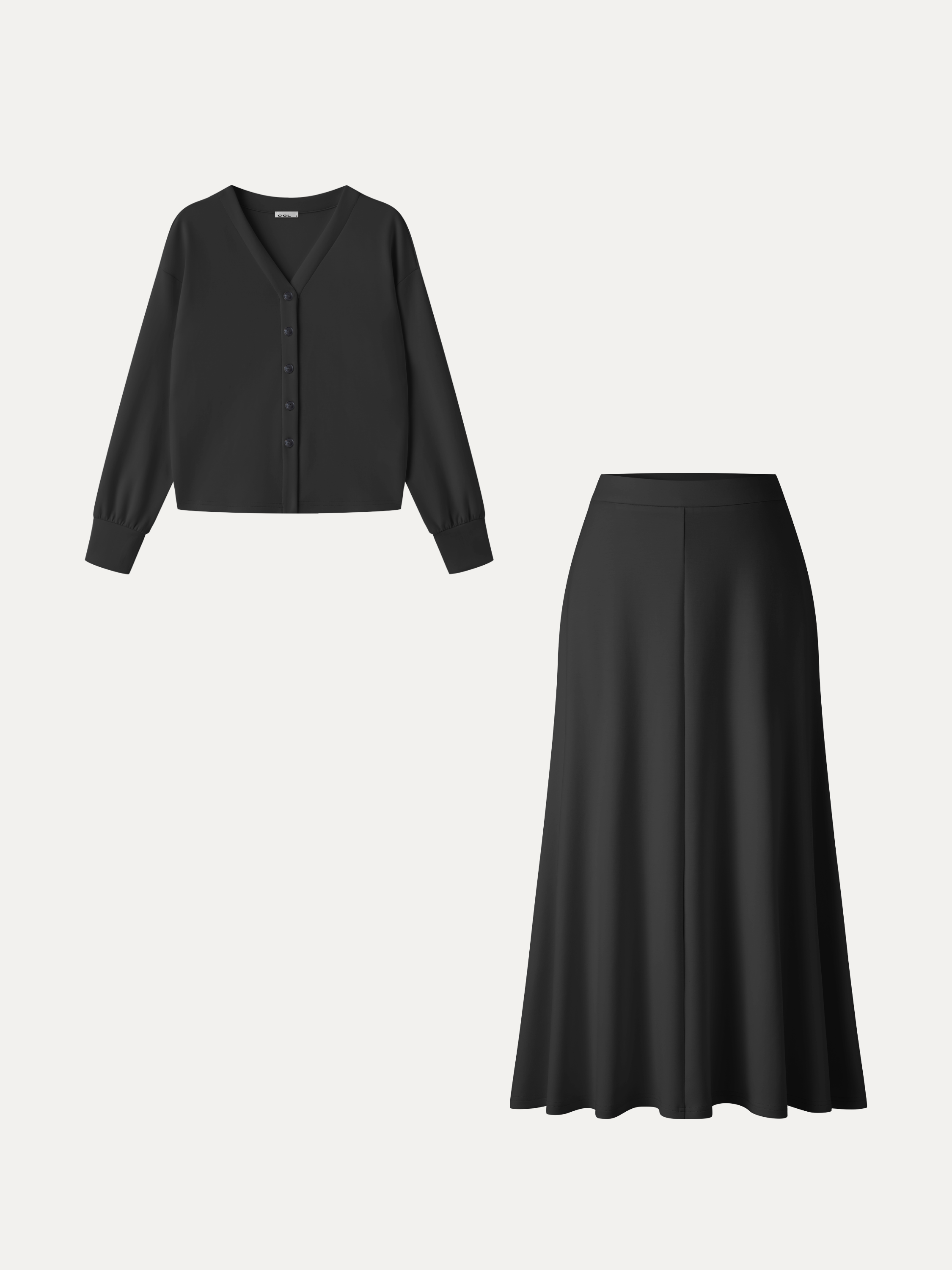 2Pcs Set V-Neck Long Sleeve Cardigan & Knit High-Rise Umbrella Midi Skirt with Pockets