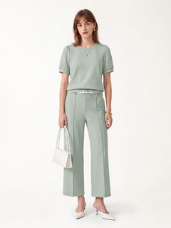 2Pcs Set Round Neck Puffed Short Sleeve Top & Cropped Straight-Leg Pants with Pockets