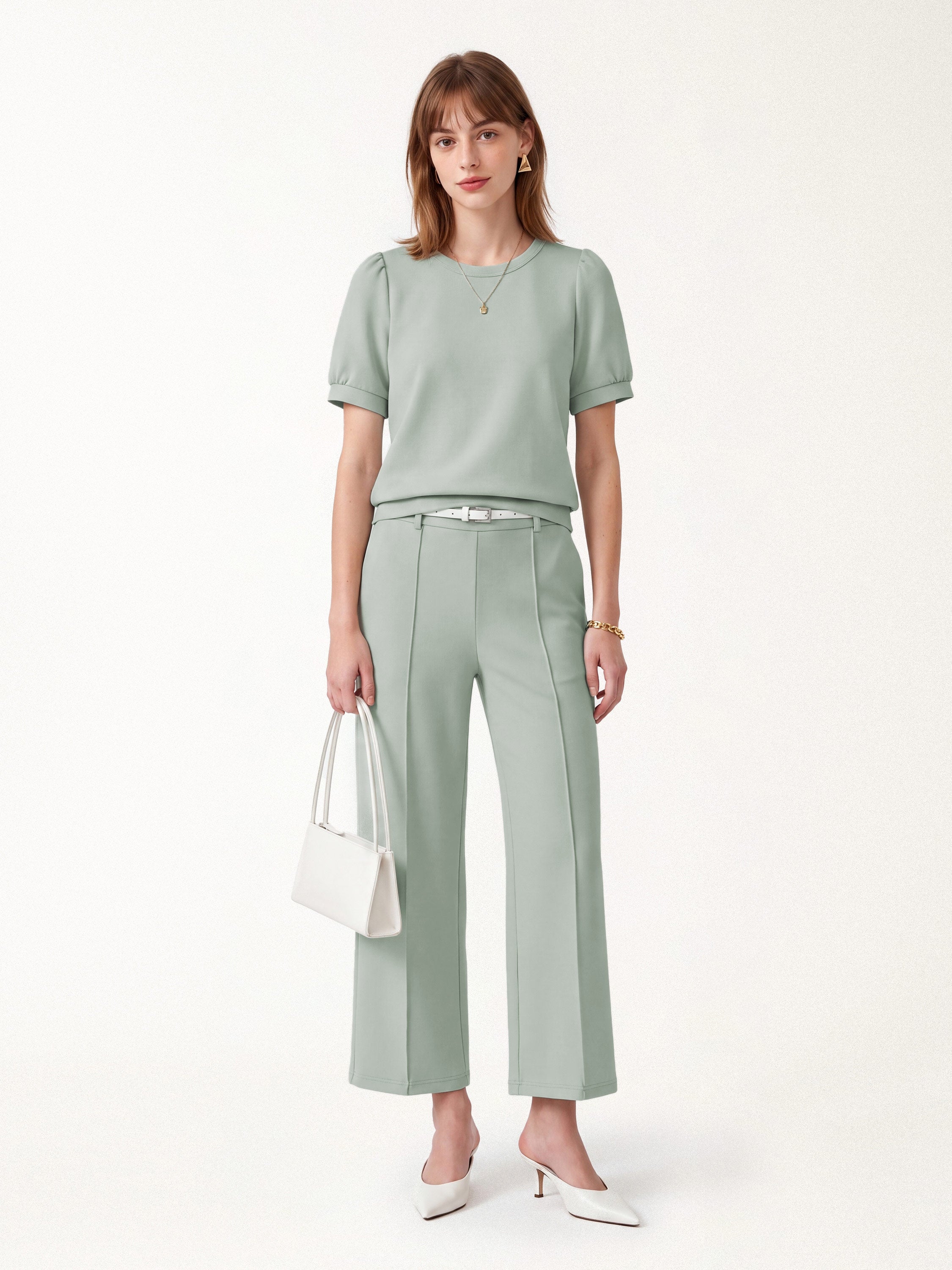 2Pcs Set Round Neck Puffed Short Sleeve Top & Cropped Straight-Leg Pants with Pockets