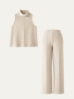 2Pcs Set Regular Split Hem Top & High Waisted Straight Leg Pant
