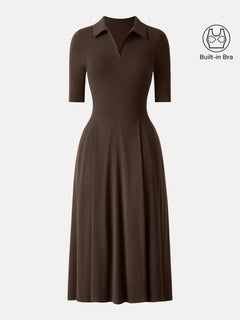 Polo Neck Elbow Length Sleeve Midi Bra Dress with Pockets