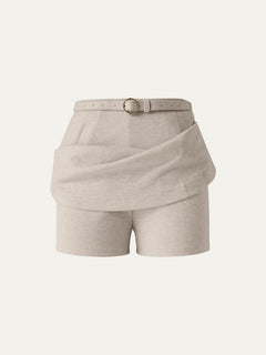 Viscose-Wool Blend High-Rise Belted A-Line Skort with Pockets