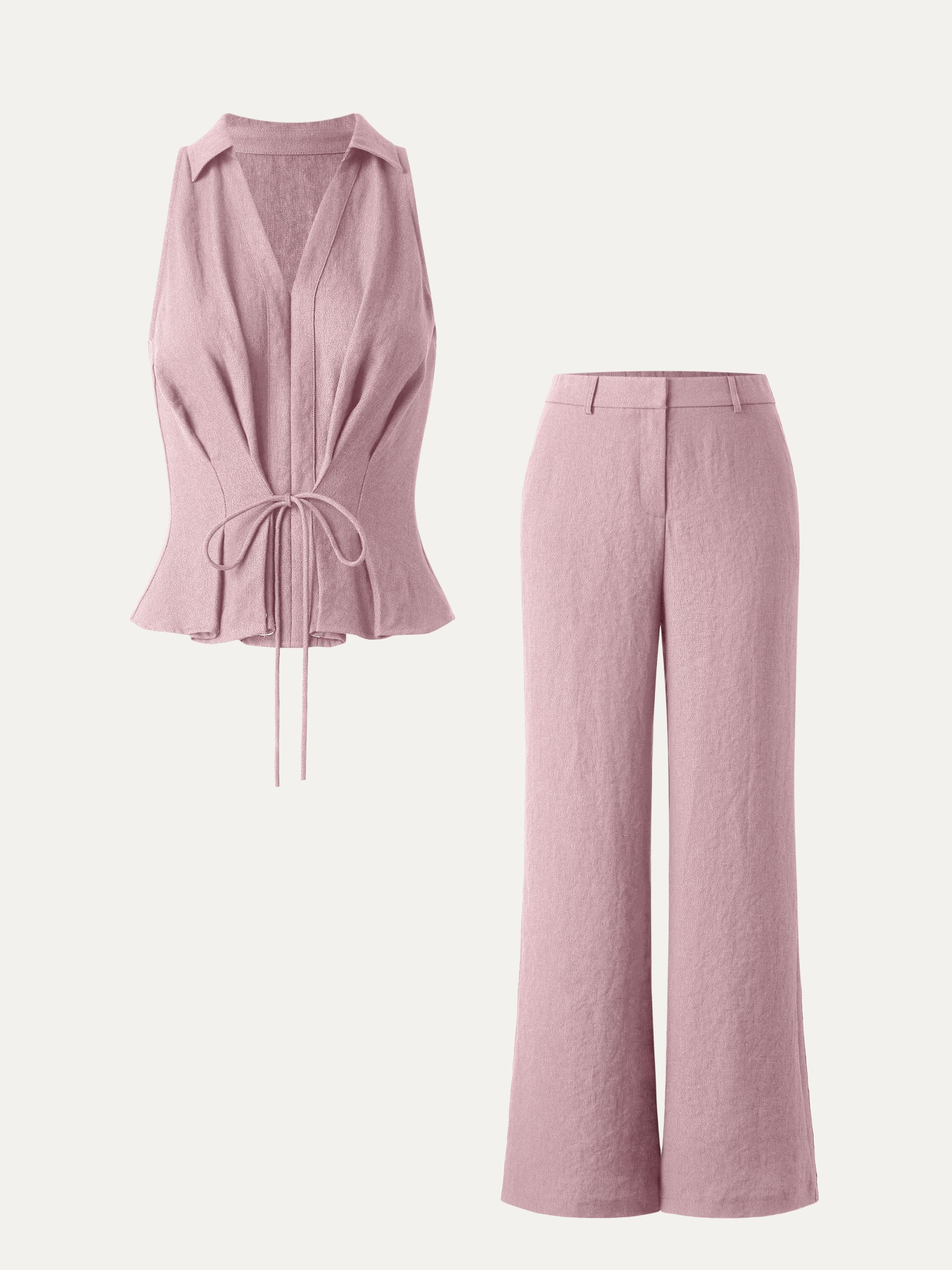 2Pcs Set V-neck Sleeveless Top & Mid Rise Flared Pant with Pockets