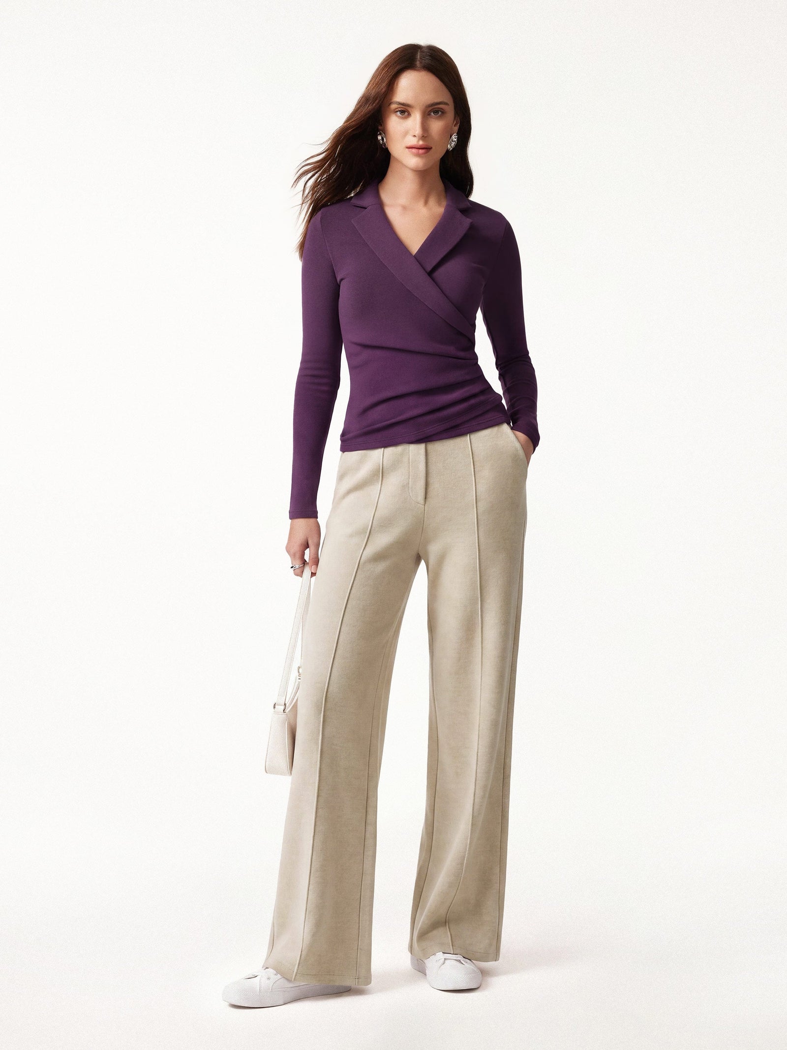 2Pcs Set Collared Surplice Top & High Waisted Straight Leg Pull On Pant