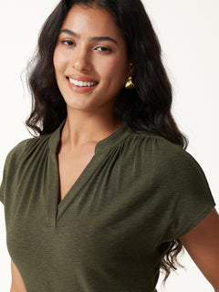 V-Neck Short Sleeve Belted Midi Dress