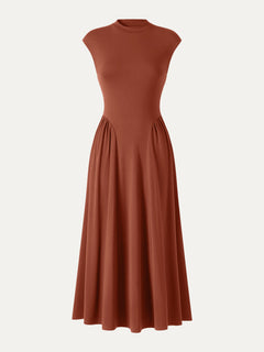 Ponte Mock Neck Ruched A-Line Midi Dress with Pockets