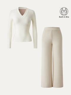 2Pcs Set V-neck Slimming Bra Top & Mid Rise Straight Pant with Pockets