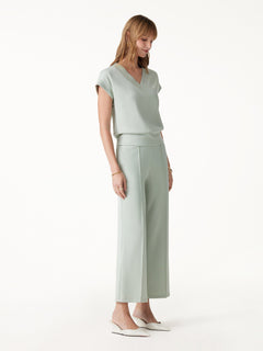 2Pcs Set V-Neck Short Sleeve Top & Cropped Straight-Leg Pants with Pockets