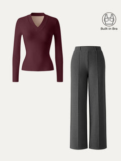 2Pcs Set V-neck Slimming Brami Top & High Waisted Straigh Leg Pant