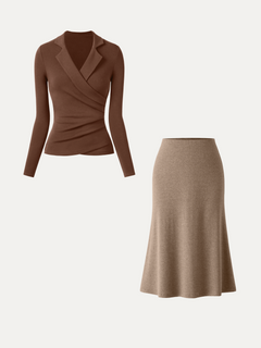 2Pcs Set Eco-Mousse® Collared Surplice Top & Soft Thermal Pull-On Midi Skirt