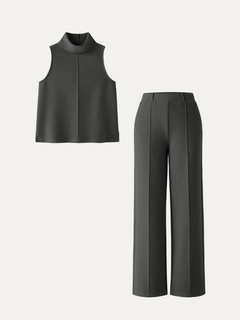 2Pcs Set Petite High Waisted Straight Leg Pant & Split Hem Top