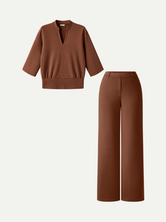 2Pcs Set V-Neck Elbow Sleeve Top & High-Rise Wide Leg Pants with Pockets