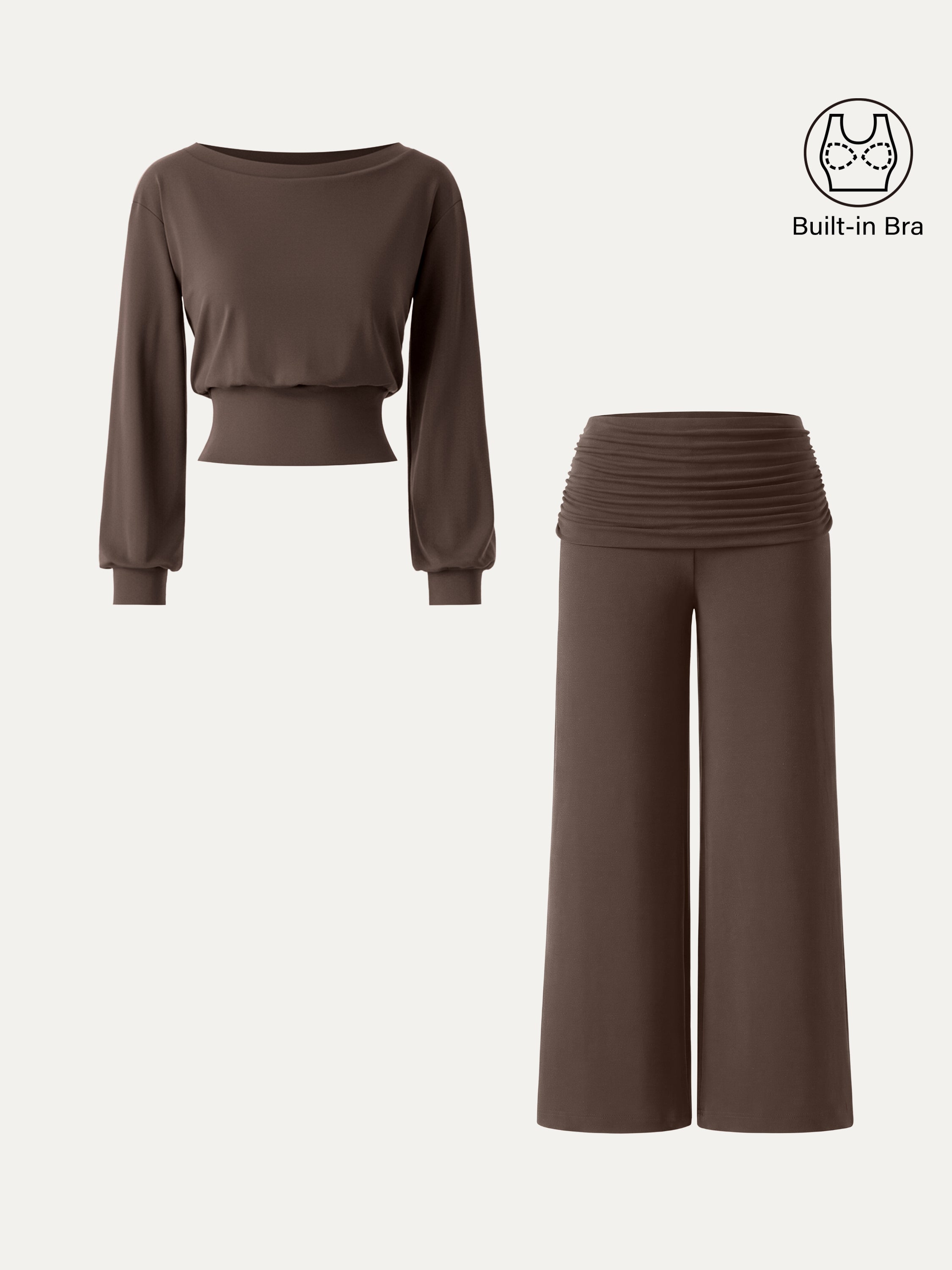 2Pcs Set Boatneck Bra & Drapey Wide Leg Pull-on Pants with Pockets