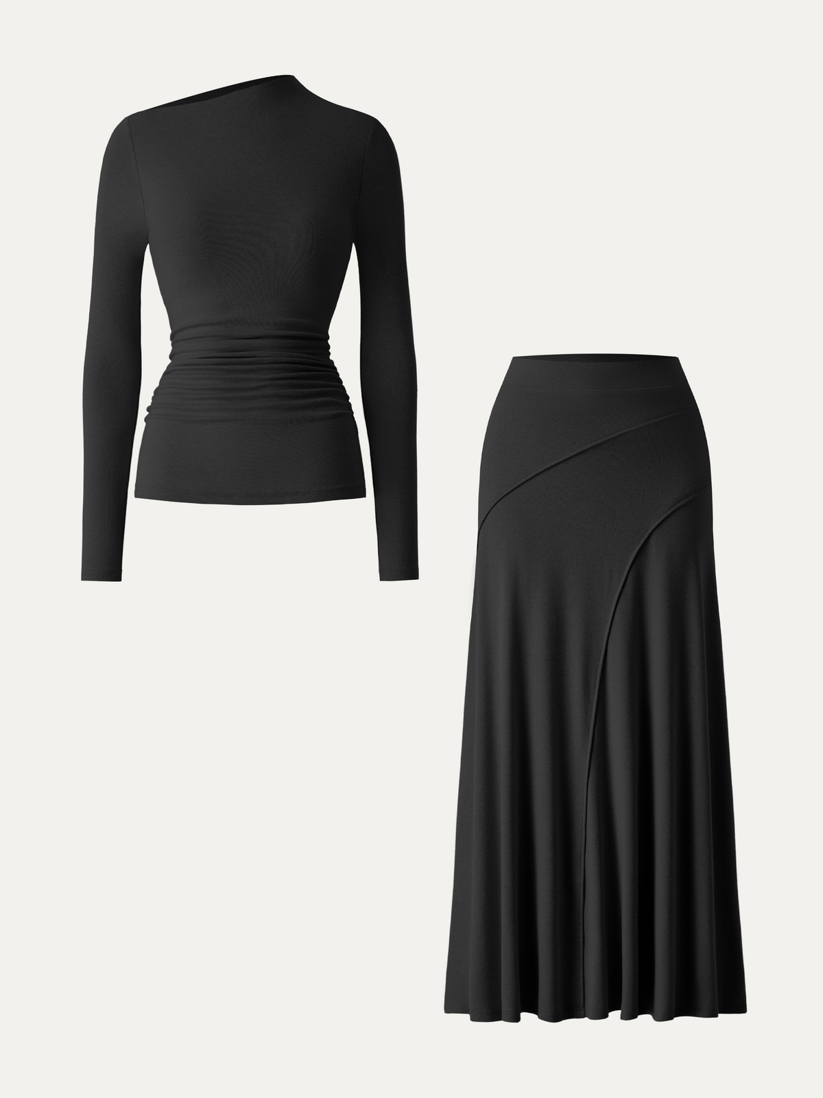 2Pcs Set Asymmetrical Long Sleeve Bra Top & A-Line Midi Skirt