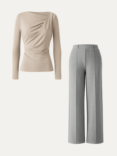 2Pcs Set Asymmetrical Neck Long Sleeve Top & High Waisted Straigh Leg Pull On Pant