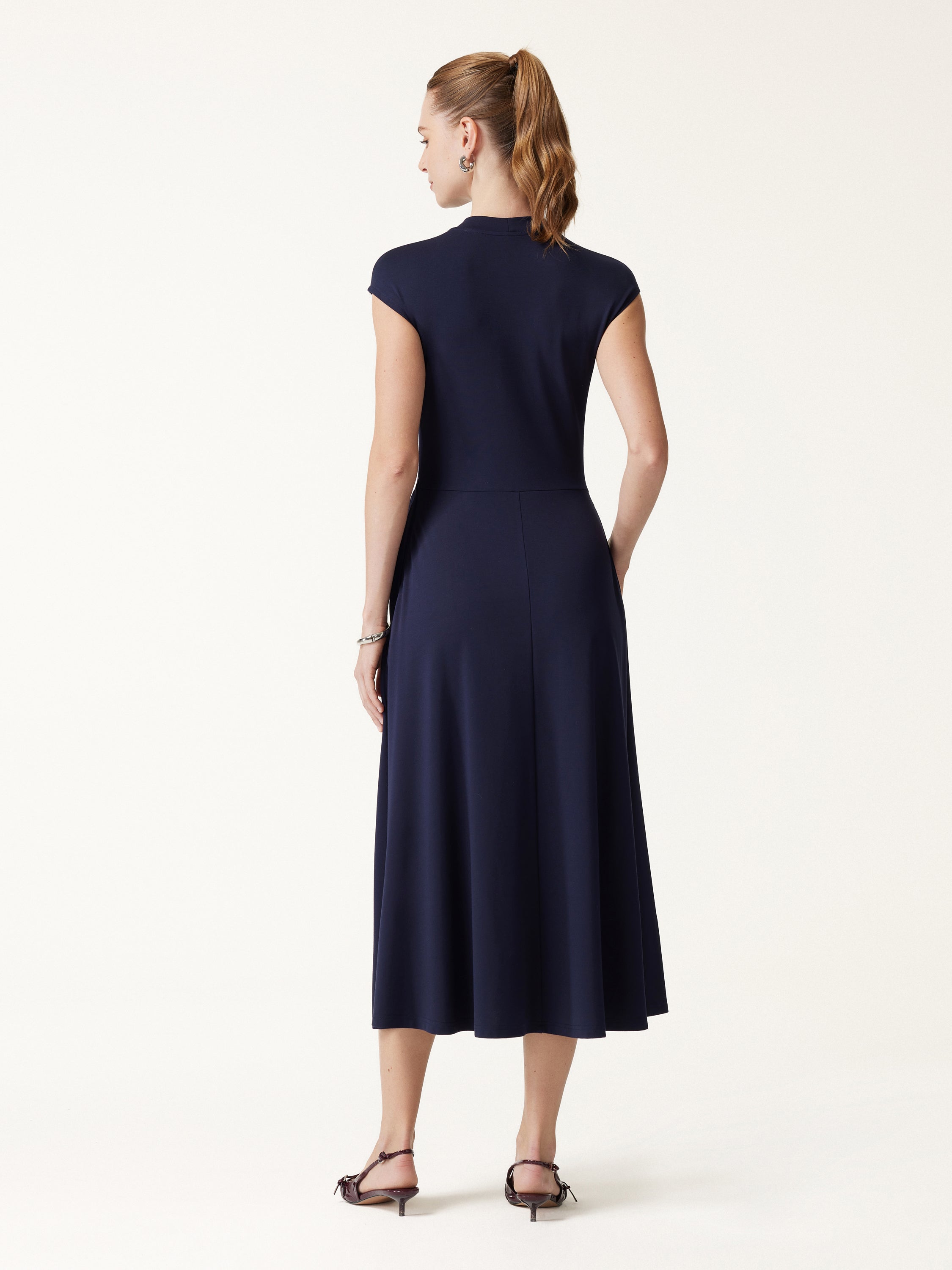 Ponte Mock Neck Ruched A-Line Midi Dress with Pockets