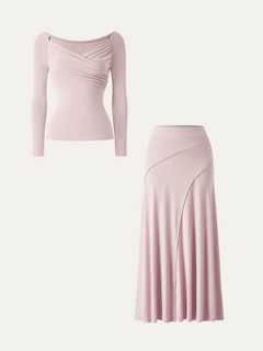 2Pcs Set Surplice Long Sleeve Ruched Top &  A-Line Midi Skirt