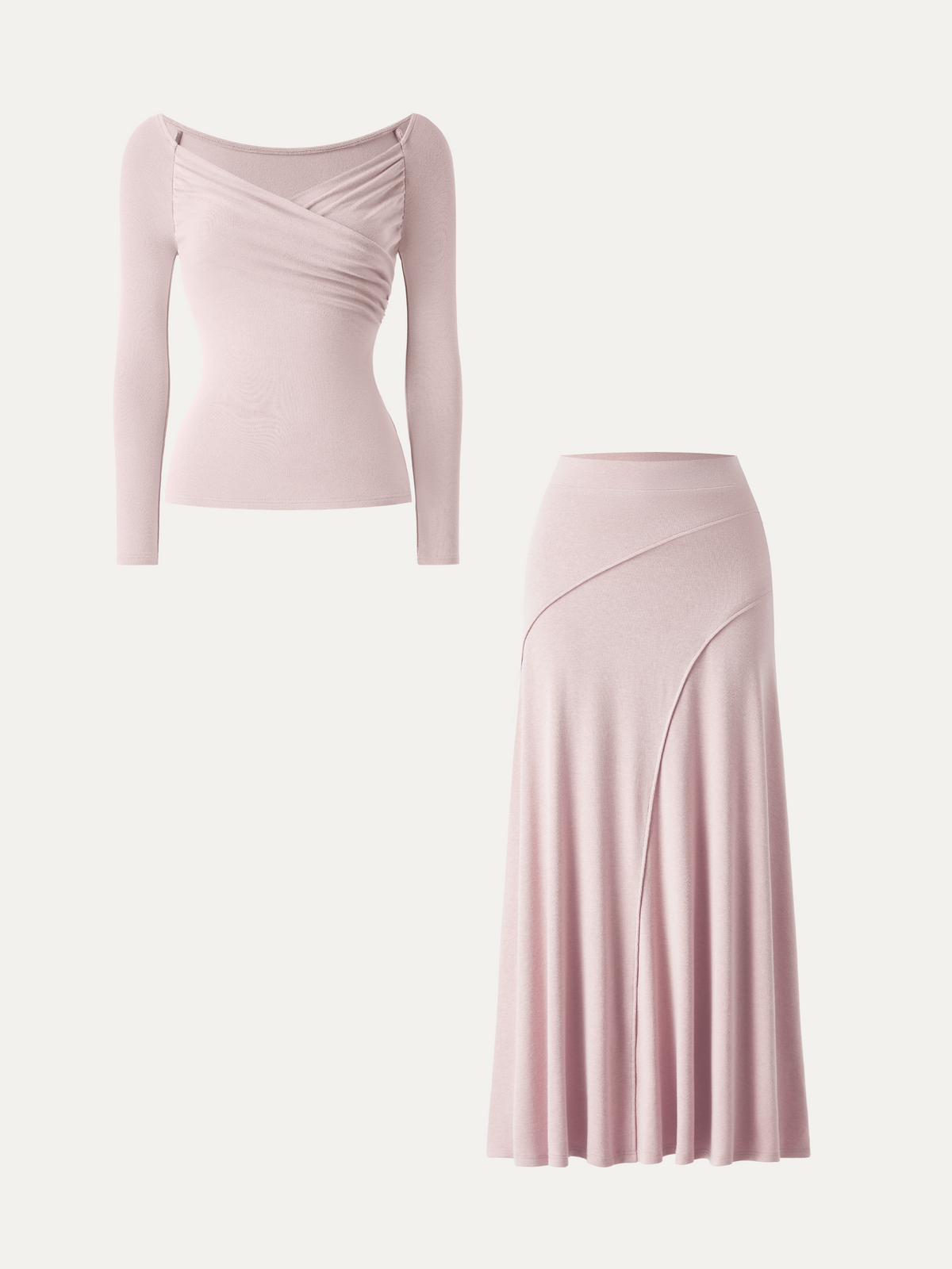 2Pcs Set Surplice Long Sleeve Ruched Top &  A-Line Midi Skirt