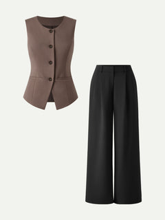 2Pcs Set Waistcoat with Pockets & Wide Leg Pant with Pockets