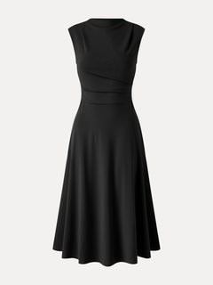 Viscose-Cotton Mock Neck Sleeveless Tucked Midi Dress
