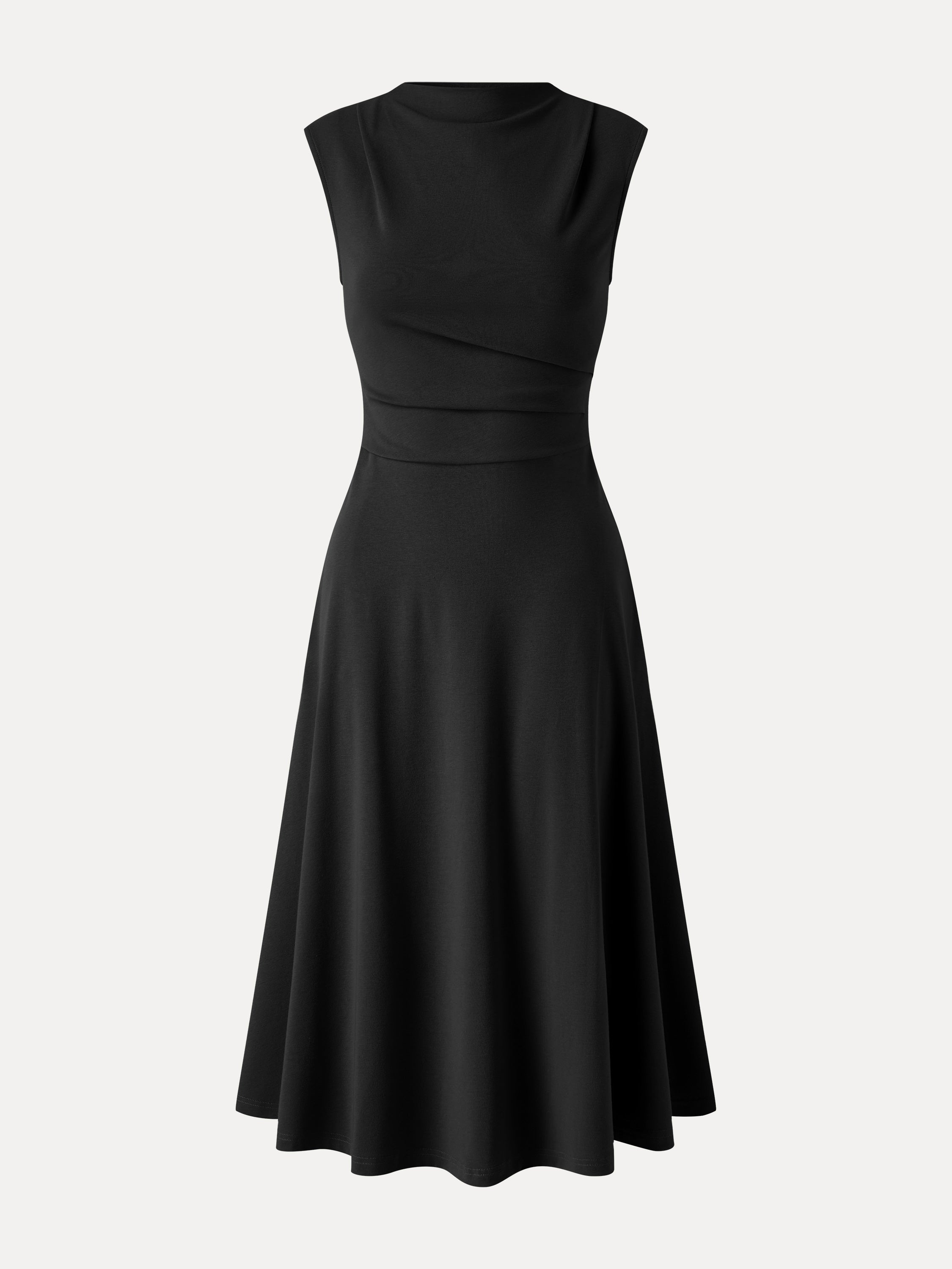 Viscose-Cotton Mock Neck Sleeveless Tucked Midi Dress