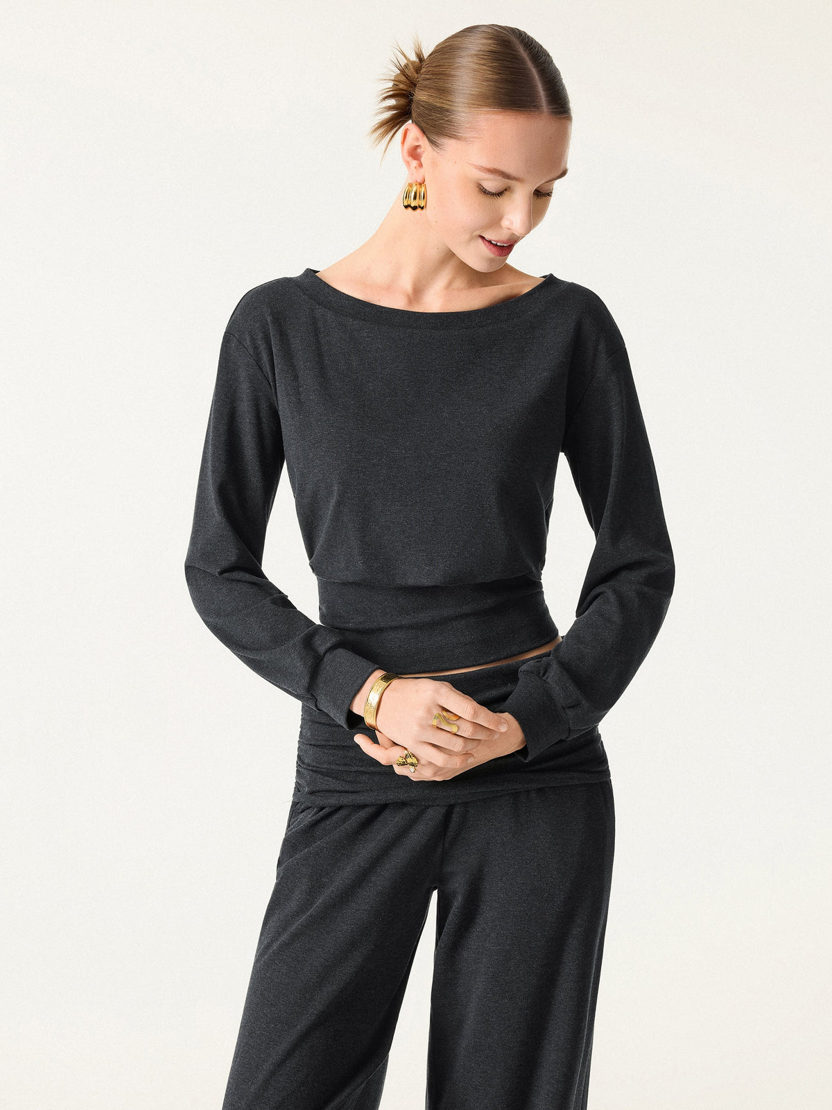 2Pcs Set Boatneck Bra & Drapey Wide Leg Pull-on Pants with Pockets