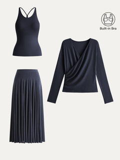 3Pcs Set Cami & Surplice Ruched Top & Godet Hem Maxi Skirt