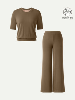2Pcs Set Petite Wide Leg Pant with Pockets & Crewneck Bra Top
