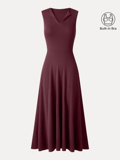 Ribbed Collared V-Neck Sleeveless A-Line Midi Bra Dress with Pockets
