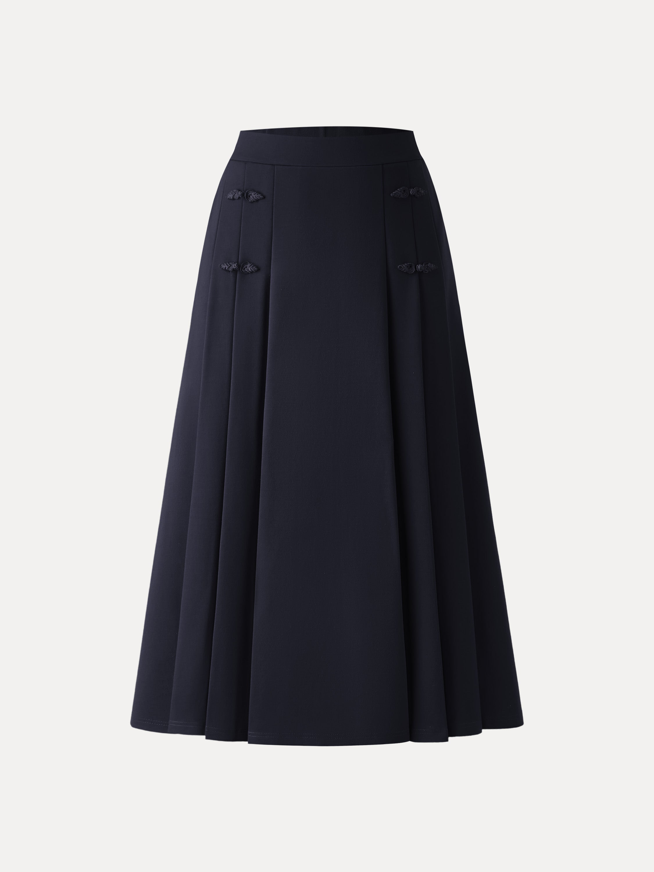 Pleated Frog Button Decor Midi A-line Skirt Limited Edition