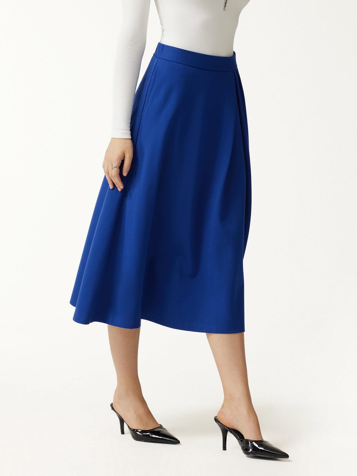 Ponte Mid-Rise Tucked A-Line Midi Skirt with Pockets