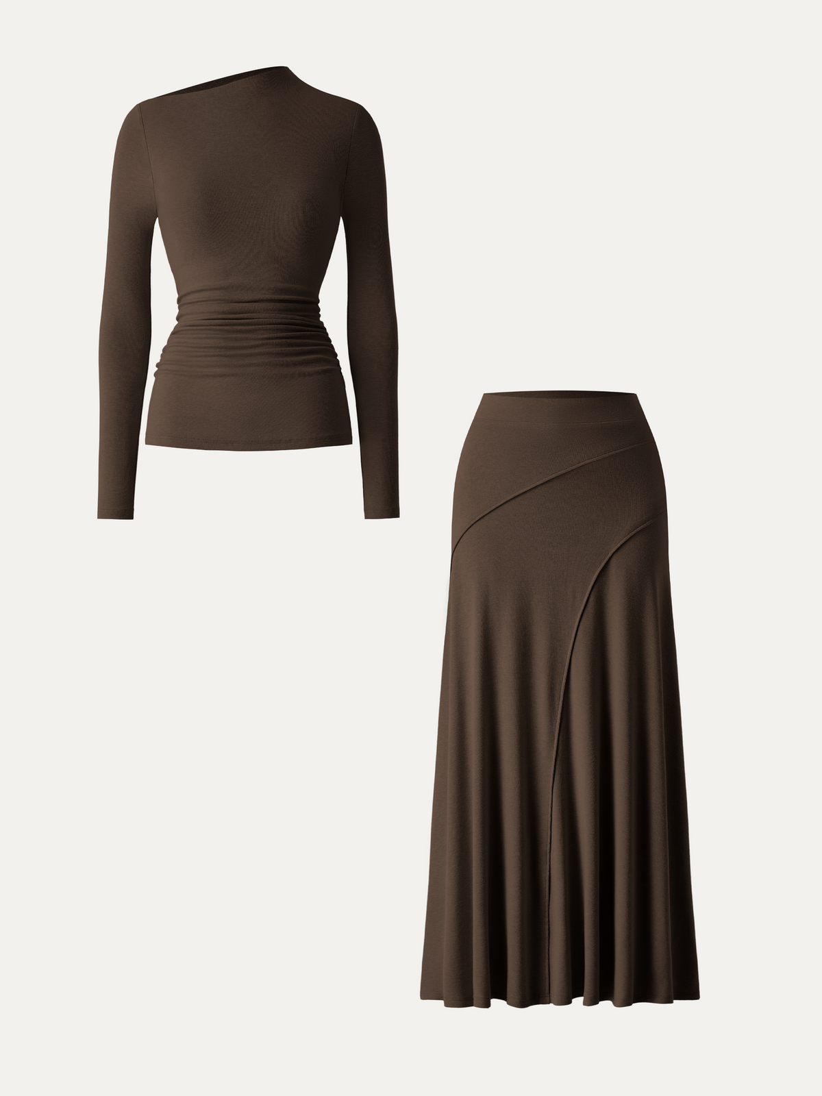 2Pcs Set Asymmetrical Long Sleeve Bra Top & A-Line Midi Skirt