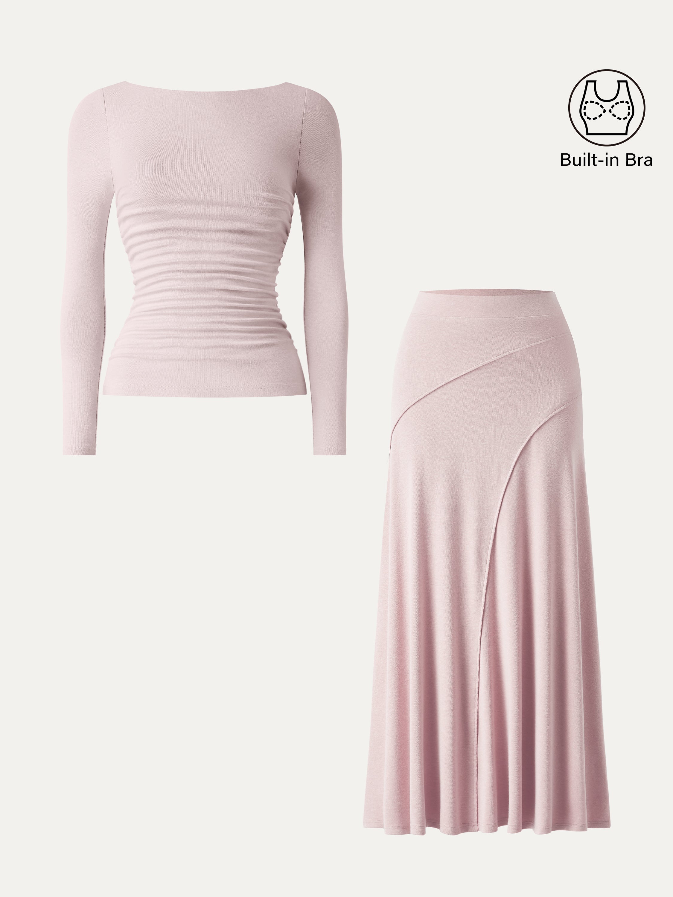 2Pcs Set Boatneck Ruched Bra Top & Drapey A-Line Maxi Skirt