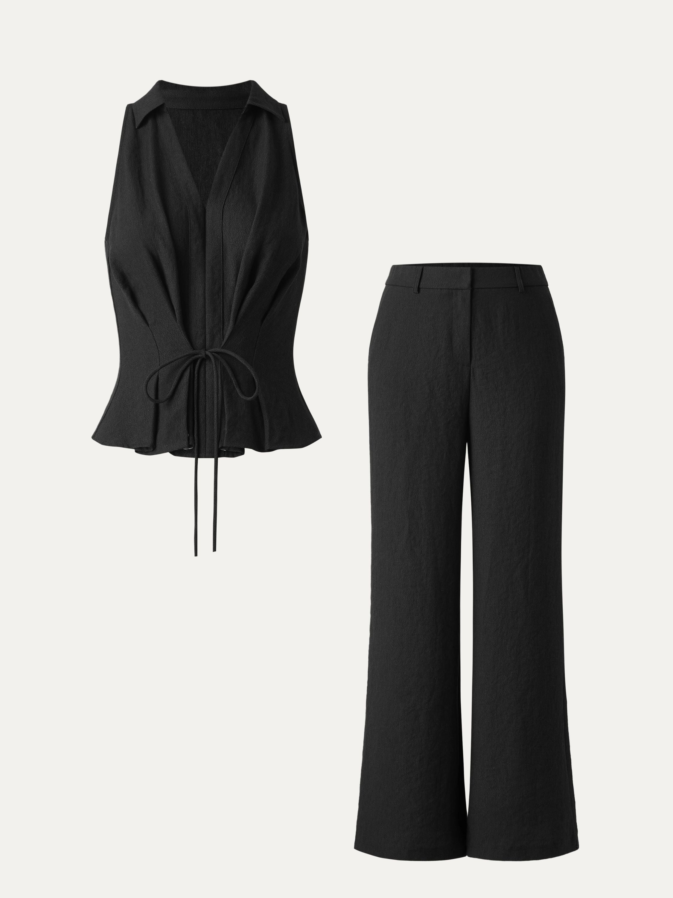 2Pcs Set V-neck Sleeveless Top & Mid Rise Flared Pant with Pockets