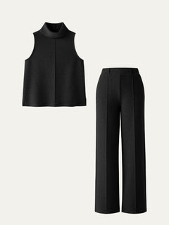 2Pcs Set Regular Split Hem Top & High Waisted Straight Leg Pant