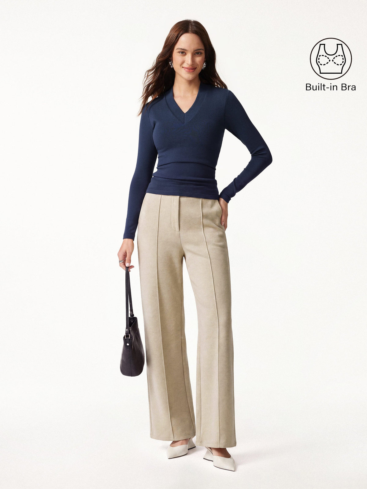 2Pcs Set V-neck Slimming Brami Top & High Waisted Straigh Leg Pant