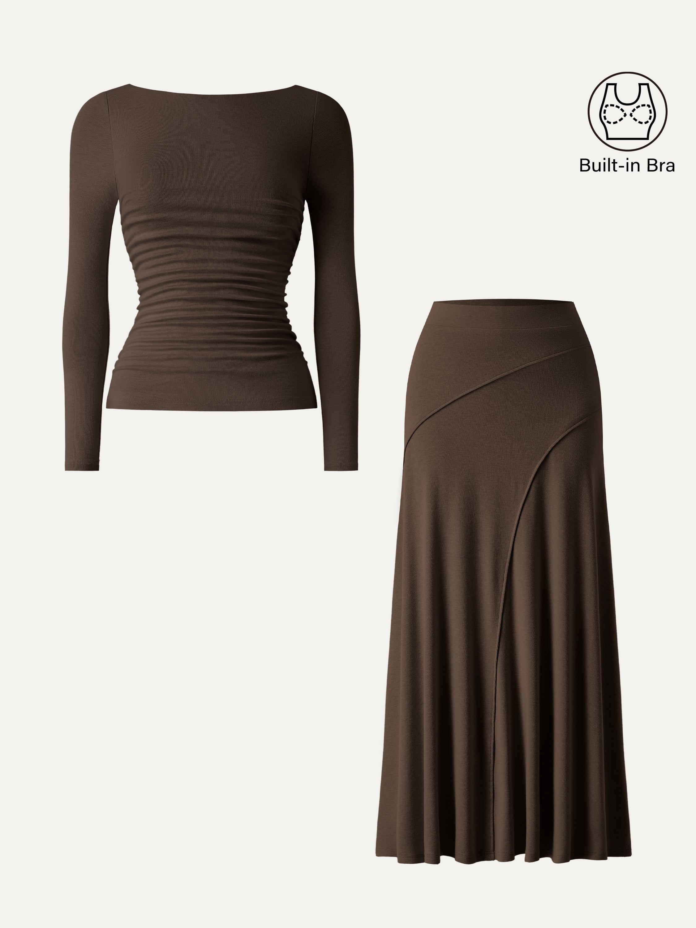 2Pcs Set Boatneck Ruched Bra Top & Drapey A-Line Maxi Skirt