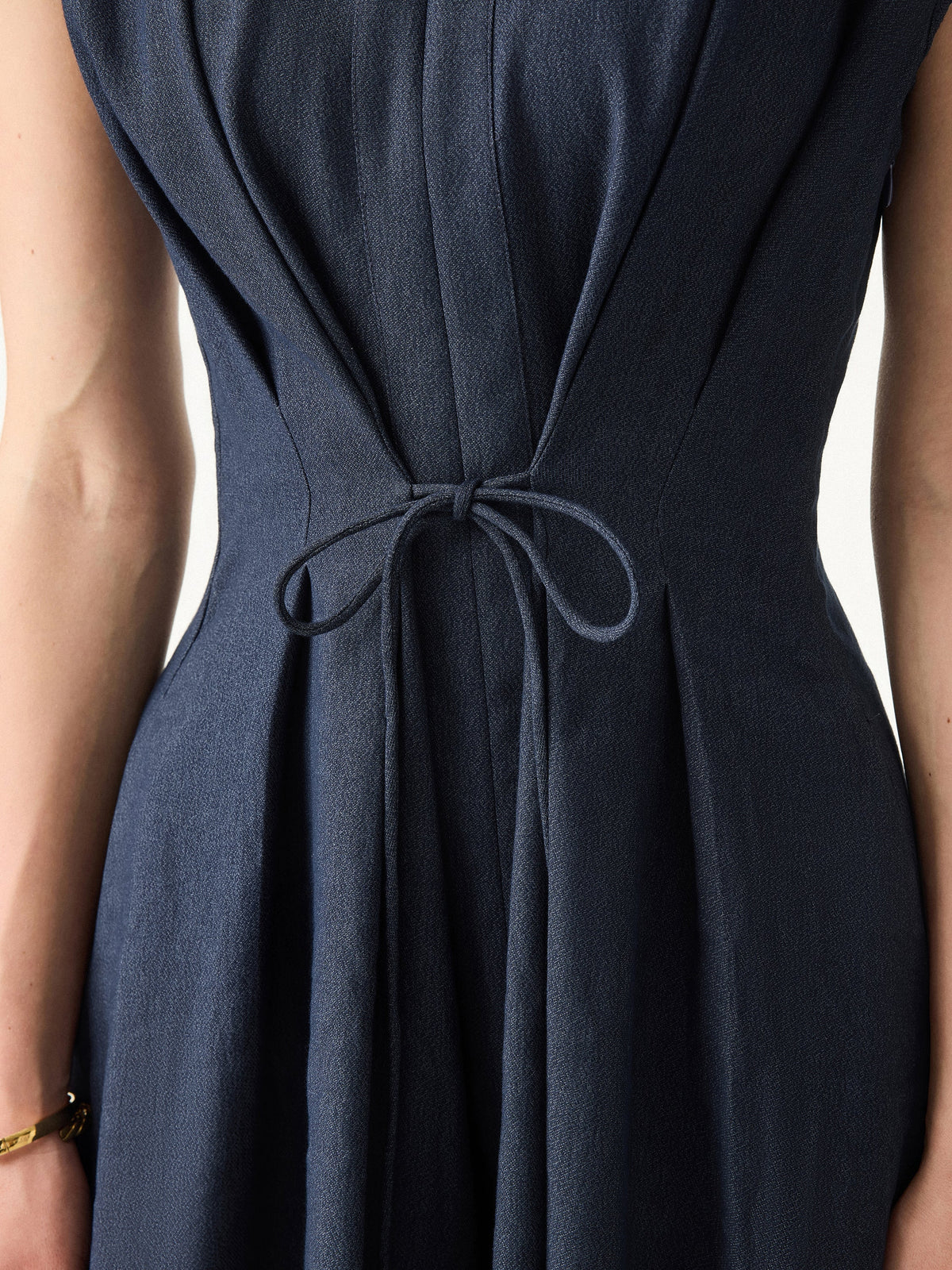 Viscose-Linen V-neck Midi Dress with Drawstring